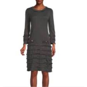 NWOT Karl Lagerfeld Paris black sweater dress LBD fringe tiered Sz L